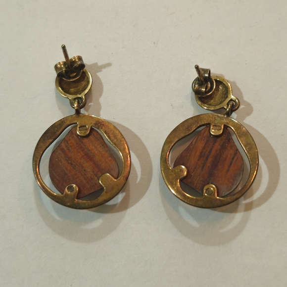 Vintage Tropical Wood Gold Bracelet Earrings Set Brown Black Bohemian Retro 70s - Picture 10 of 10